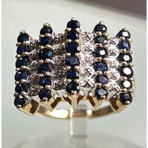 Stunning 10k solid yellow gold blue sapphire diamonds color block cluster ring